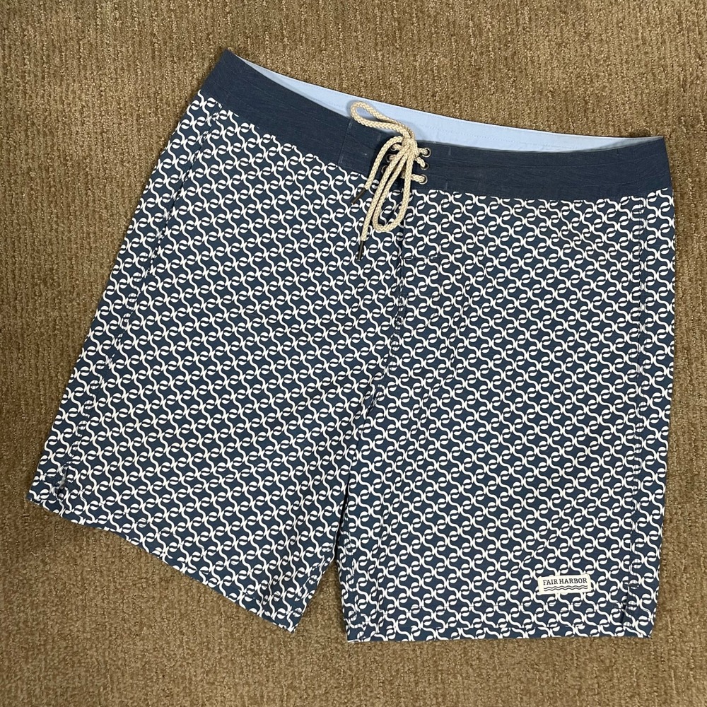 Fair Harbor Board‎ Shorts Mens 36 Navy Blue Coastal Surf Geometric Stretch Swim